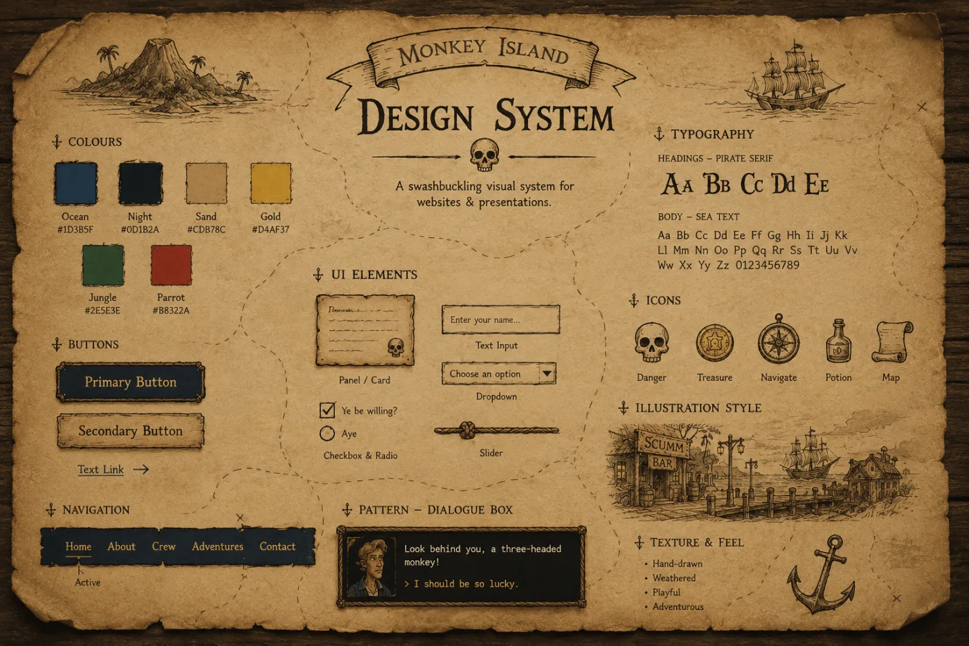 A poster-style design system styled after the Monkey Island video game, showing colour tokens, typography, icons, UI elements, buttons, navigation, and a dialogue-box pattern